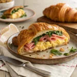Croissant sandwich with ham, cheese, eggs, and spinach on a rustic plate.