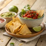 Low carb tortilla chips with guacamole and salsa