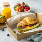 Takeaway croissant egg sandwich with fruit and orange juice in a to-go box.