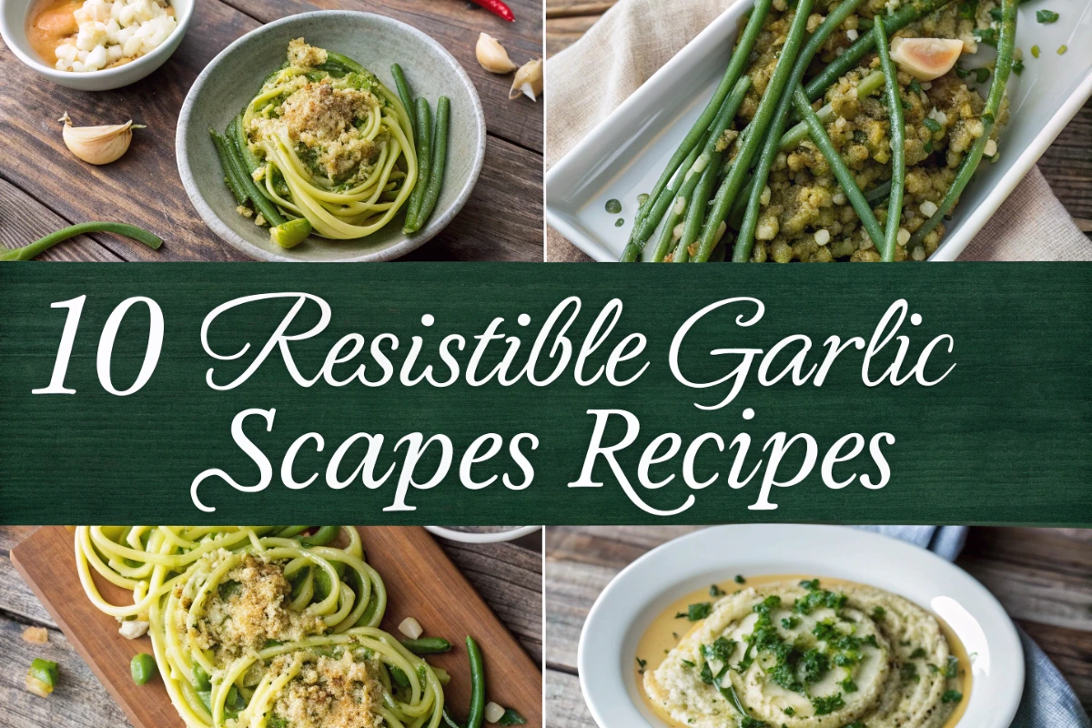 A collage of garlic scapes recipes including pasta, grilled, stir-fried, and dip dishes on a rustic table