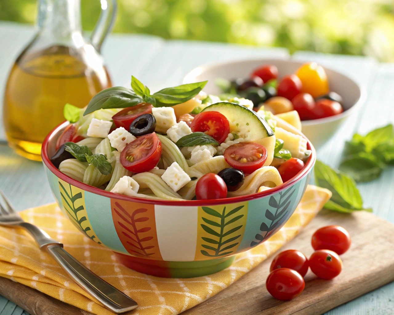 Colorful summer pasta salad with cherry tomatoes, cucumbers, olives, and fresh herbs in a bright bowl, perfect for quick and refreshing meals.