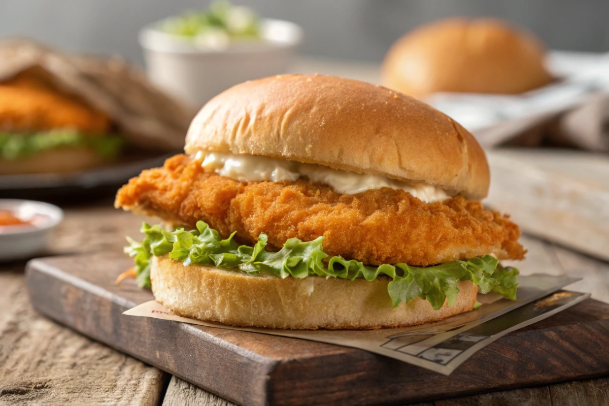 A tempting close-up image showcasing the crispy, golden fried fish fillet in the Popeyes fish sandwich, highlighting its fresh ingredients and irresistible crunch.