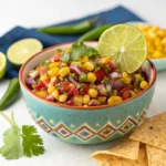 Bowl of fresh chipotle corn salsa with corn, red onion, cilantro, lime, and tortilla chips