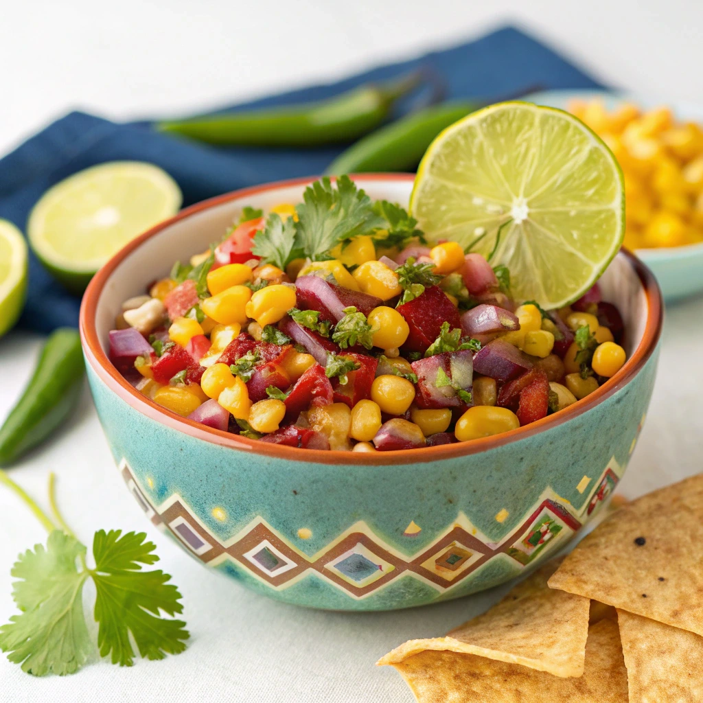 Bowl of fresh chipotle corn salsa with corn, red onion, cilantro, lime, and tortilla chips