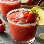 A vibrant, freshly blended strawberry margarita with salted rim and lime garnish, showcasing the perfect summer cocktail