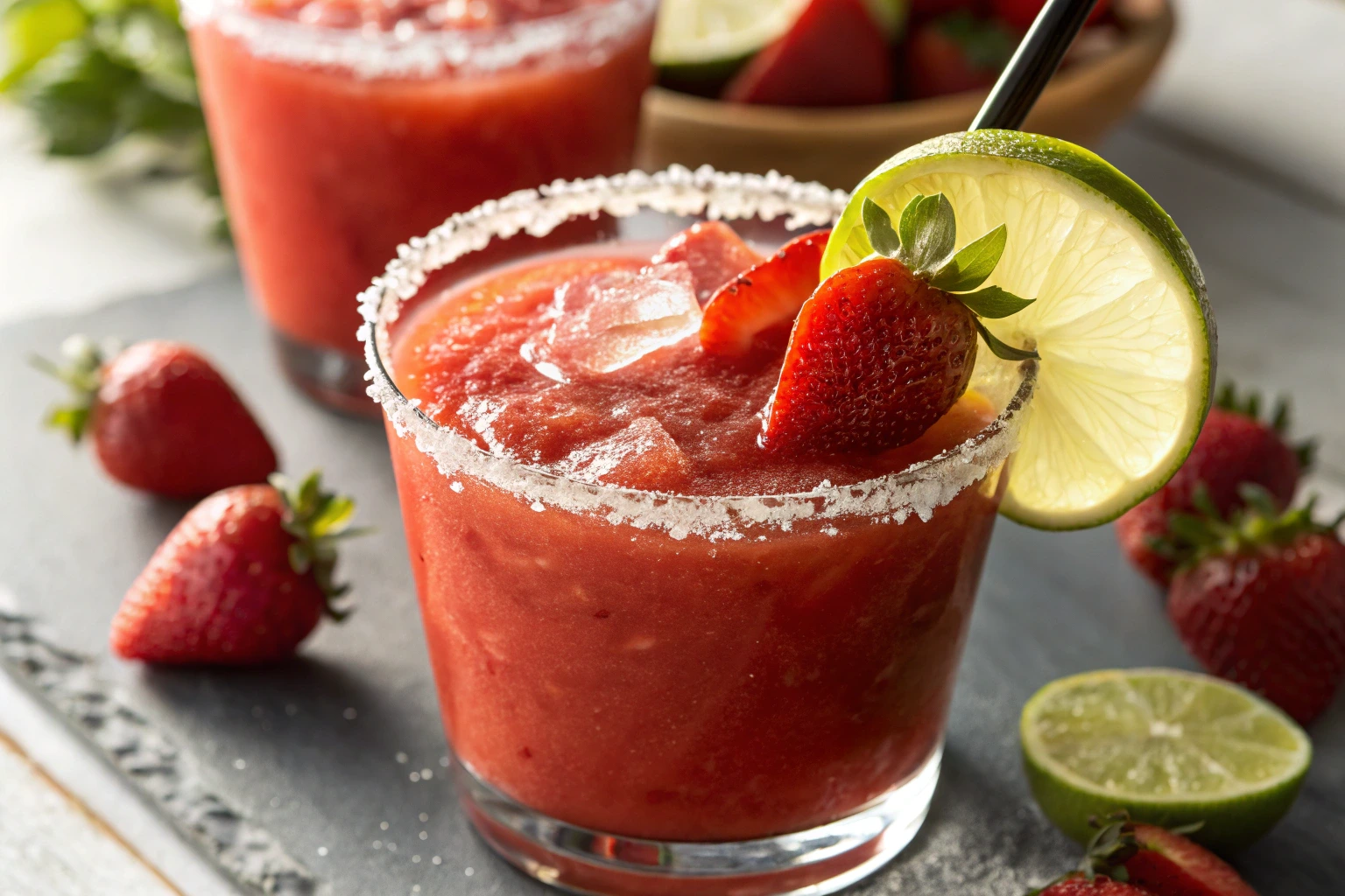 A vibrant, freshly blended strawberry margarita with salted rim and lime garnish, showcasing the perfect summer cocktail