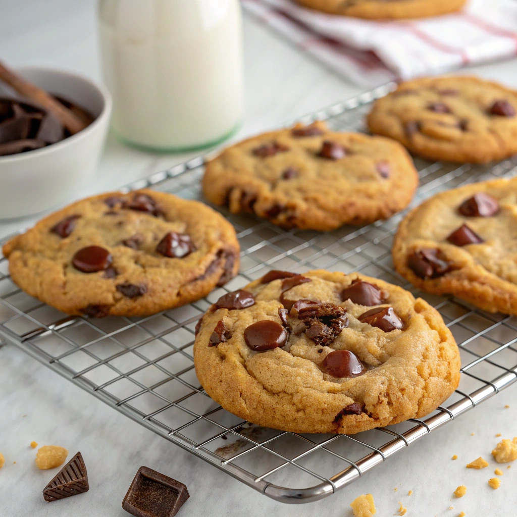 Close-up of freshly baked toll house cookie recipe with melted chocolate chips on a cooling rack