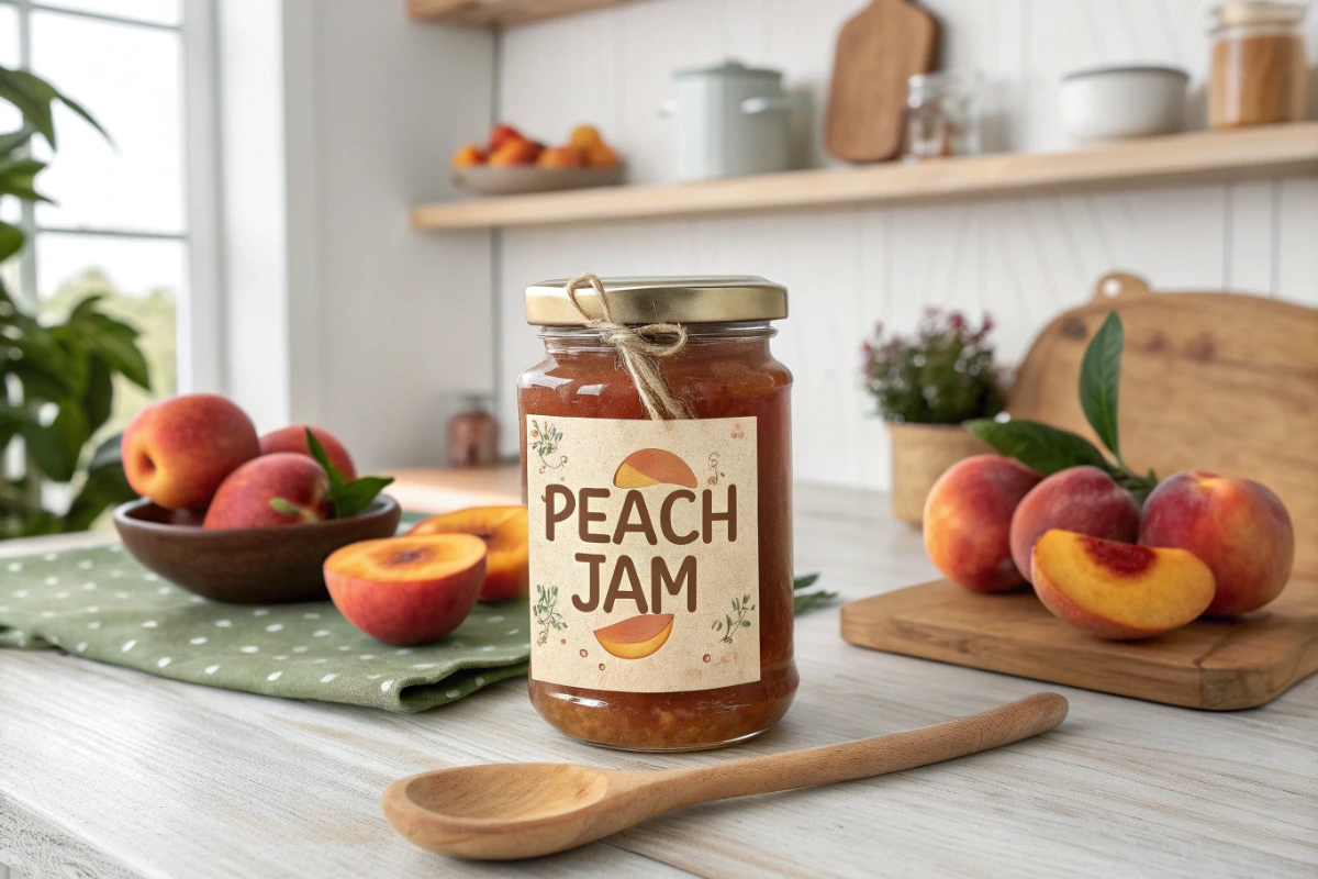 Jar of homemade peach jam surrounded by fresh ripe peaches and a wooden spoon, set on a rustic kitchen table