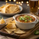 Korean corn cheese recipe served with tortilla chips and garnish