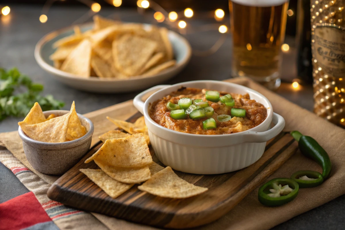 Korean corn cheese recipe served with tortilla chips and garnish