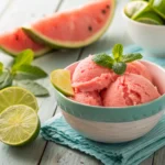 A bowl of freshly made watermelon sorbet recipe with mint and lime