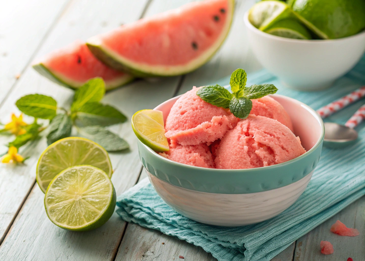A bowl of freshly made watermelon sorbet recipe with mint and lime