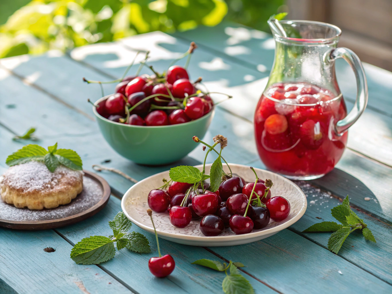 a vibrant close up shot of a rustic wooden table Fresh Cherry Recipes: Delicious Ways to Enjoy Summer’s Juiciest Fruit