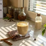 A creamy coffee loophole recipe next to MCT oil and cinnamon with the recipe title on a notepad