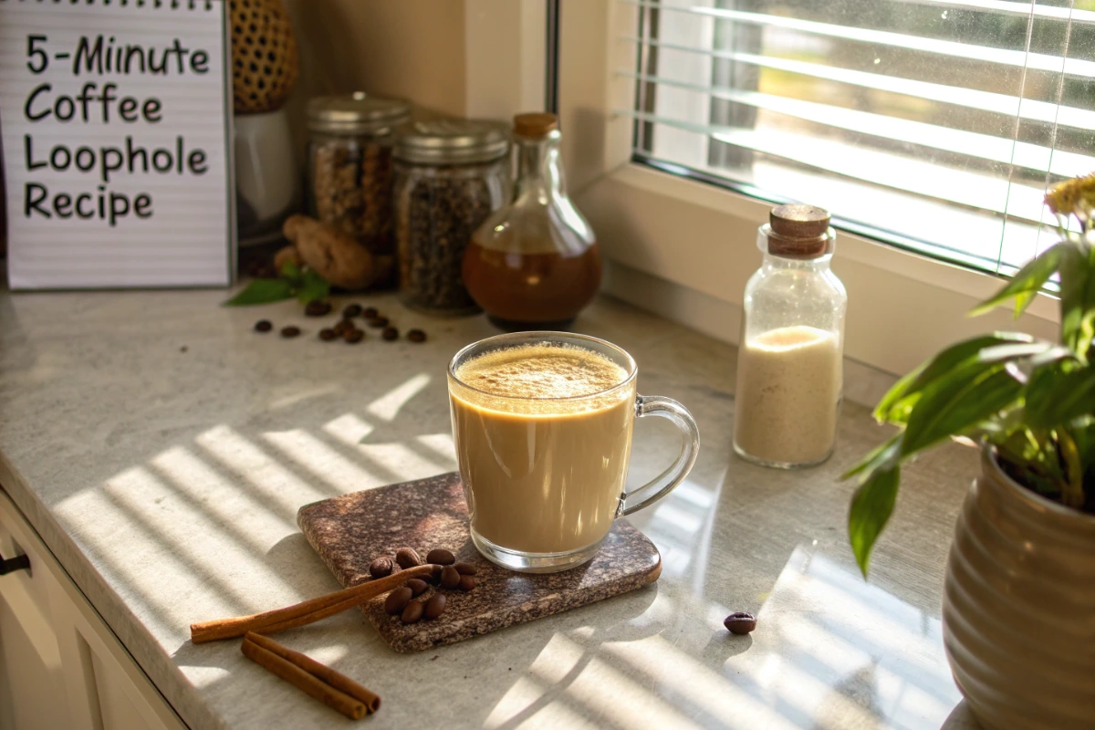 A creamy coffee loophole recipe next to MCT oil and cinnamon with the recipe title on a notepad
