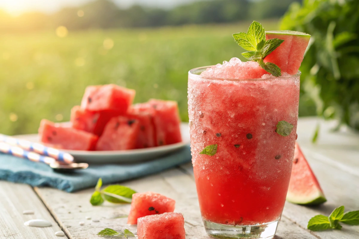 A glass of bright pink homemade watermelon slushie garnished with fresh mint leaves on a wooden table with a sunny outdoor background.