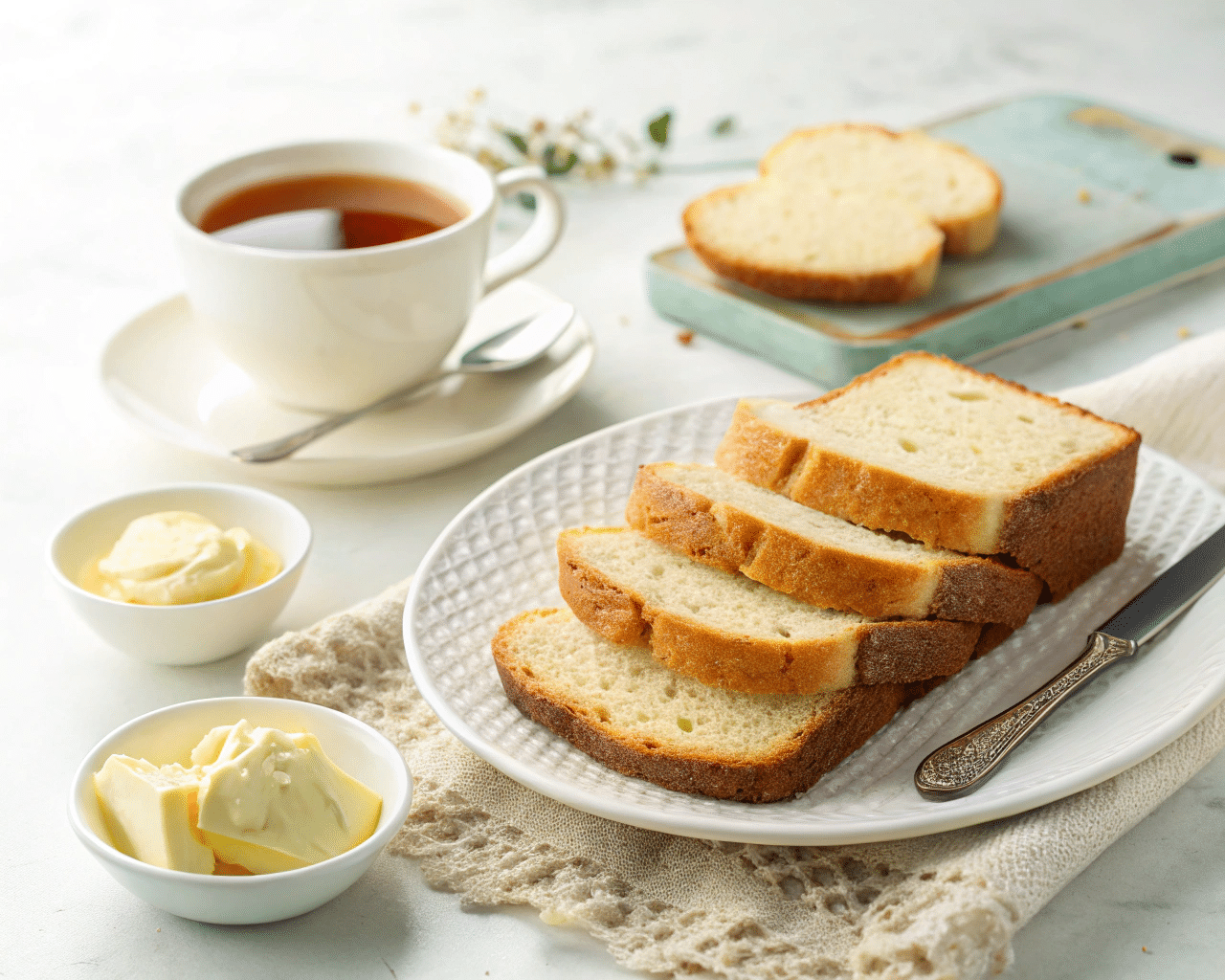 Sliced gluten-free bread with butter and tea