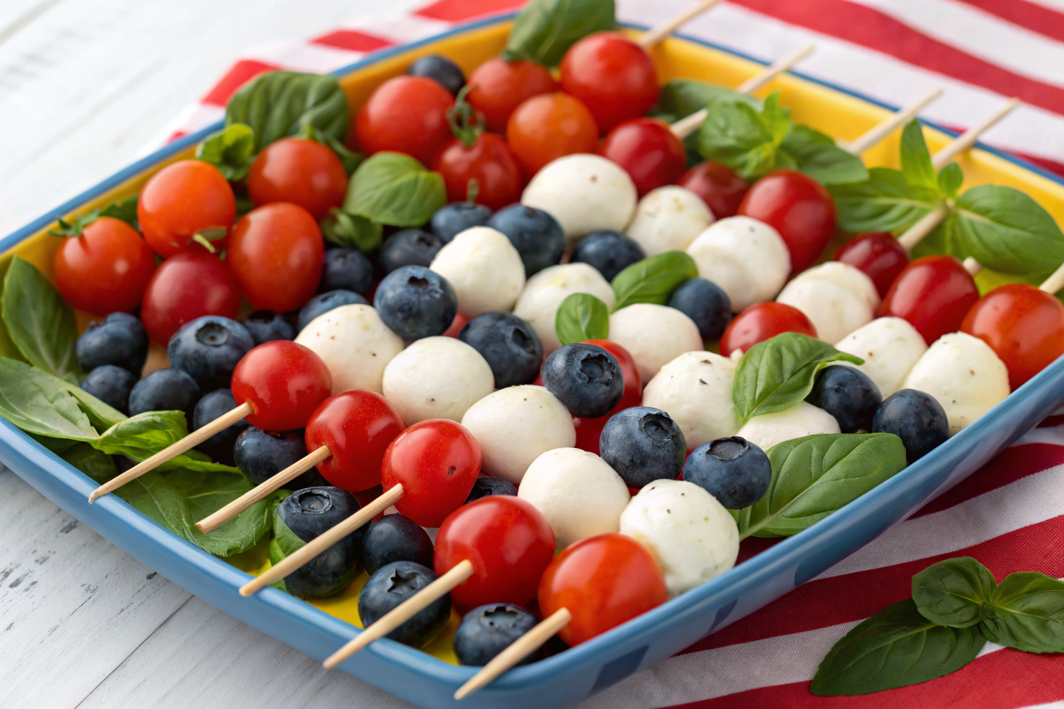 Patriotic Caprese Skewers Platter 4th of July Appetizer Ideas: Perfect Star-Spangled Snacks for Your Celebration