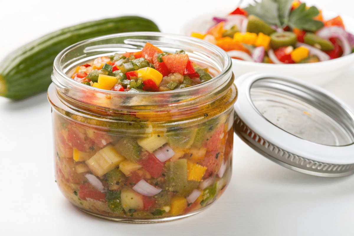 Homemade pickle salsa in a bowl made with diced pickles, tomatoes, onions, cilantro, and jalapeños, offering a tangy and savory flavor perfect as a dip or sandwich topping.