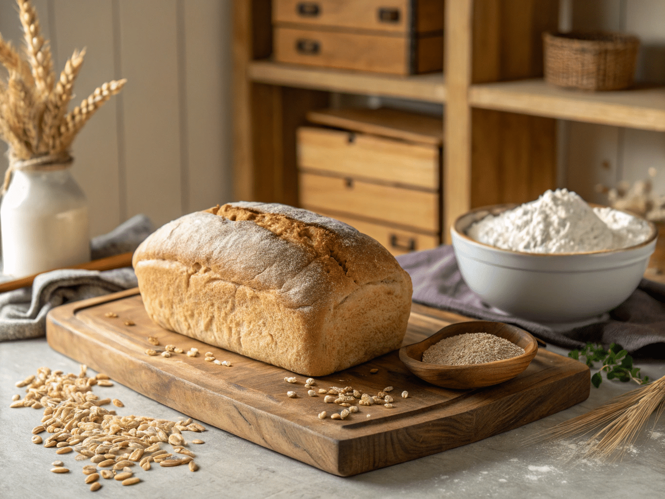 Freshly baked gluten-free bread loaf on wooden board