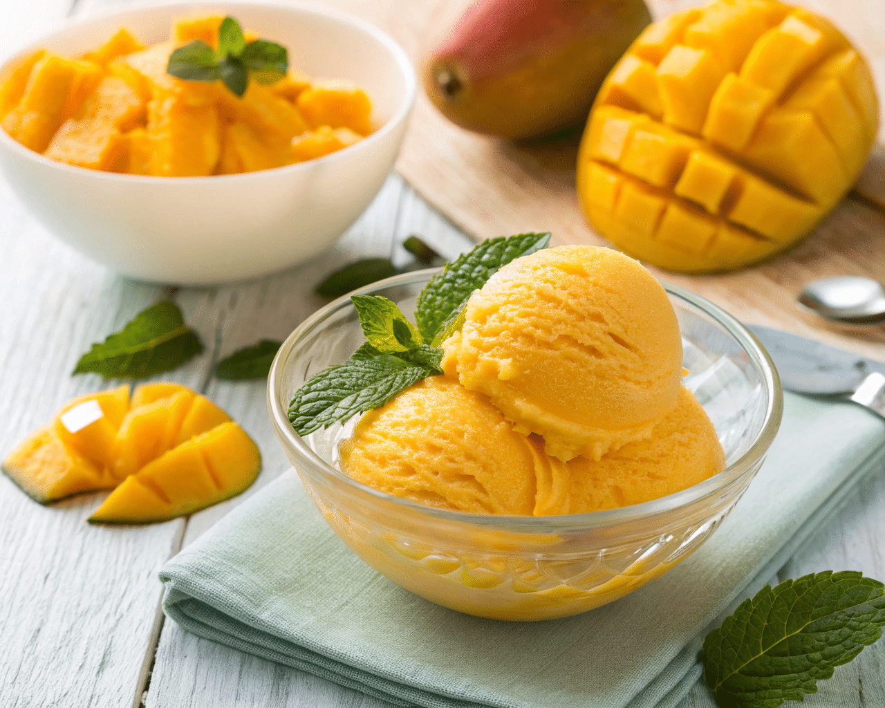 a vibrant close up shot of a bright orange yellow Mango Sorbet Recipe: Refreshing and Easy Homemade Treat