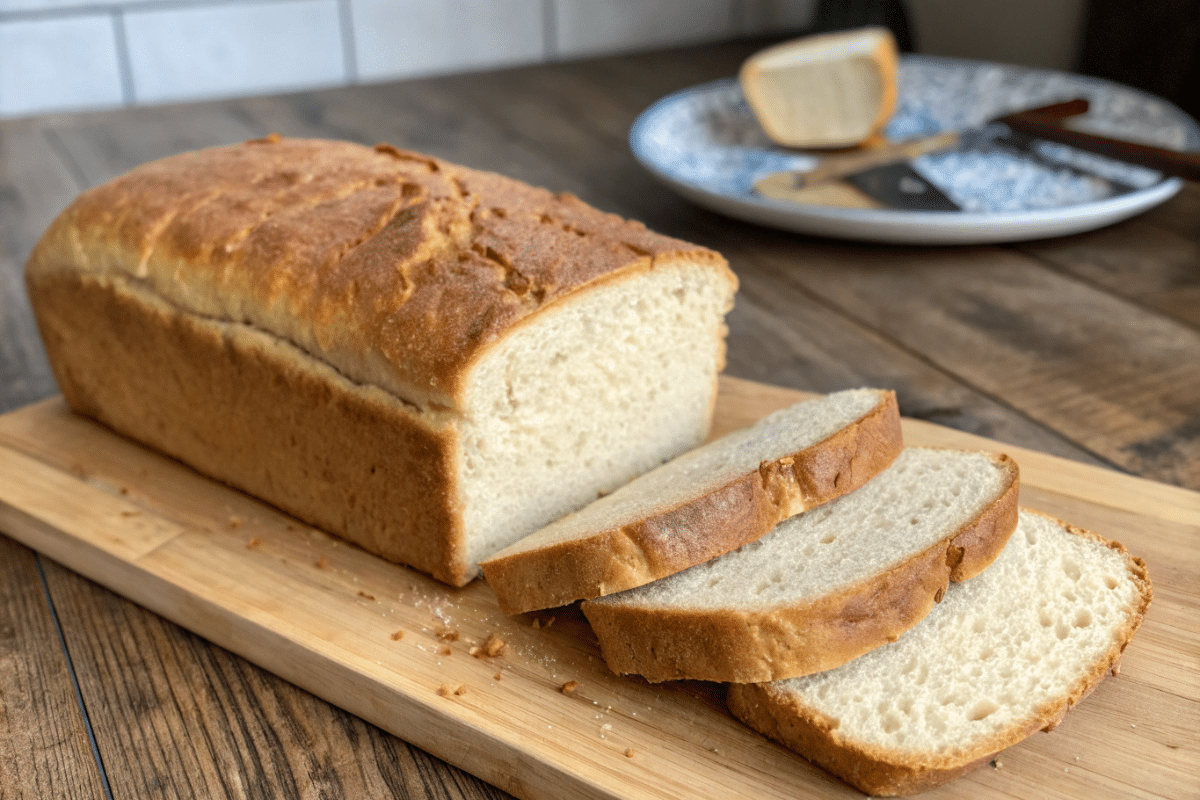 Freshly baked gluten-free bread loaf on a cooling rack