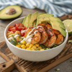 grilled shrimp bowl with avocado corn salsa cre 1 Grilled Shrimp Bowl with Avocado, Corn Salsa & Creamy Sauce