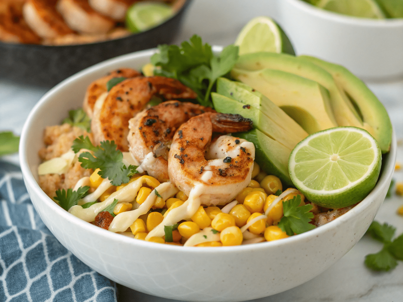 grilled shrimp bowl with avocado corn salsa cre Grilled Shrimp Bowl with Avocado, Corn Salsa & Creamy Sauce