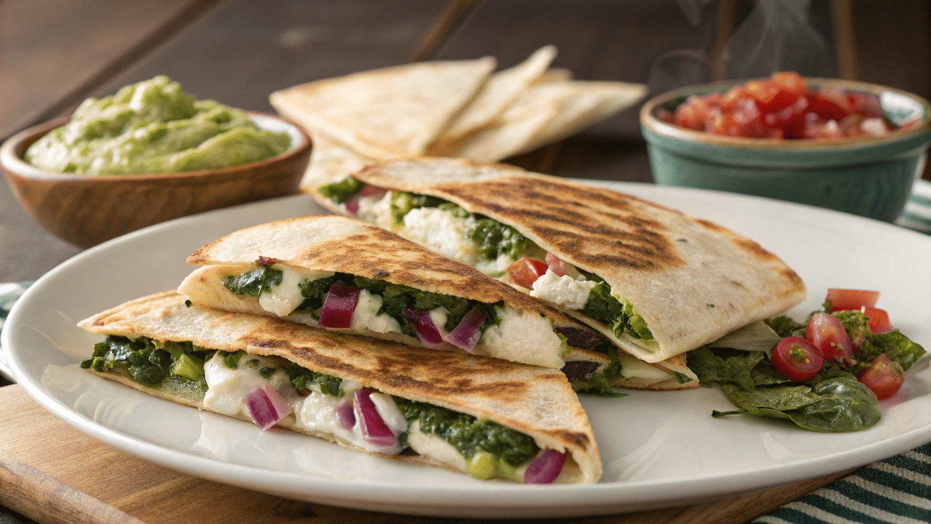 mediterranean quesadillas with spinach feta mozz 1 Mediterranean Quesadillas with Spinach, Feta, Mozzarella, and Red Onion