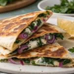 mediterranean quesadillas with spinach feta mozz Mediterranean Quesadillas with Spinach, Feta, Mozzarella, and Red Onion