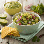 Bowl of dill pickle salsa with chips on wooden table