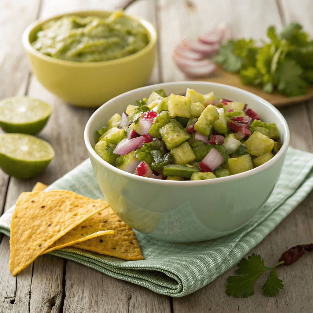 Bowl of dill pickle salsa with chips on wooden table	
