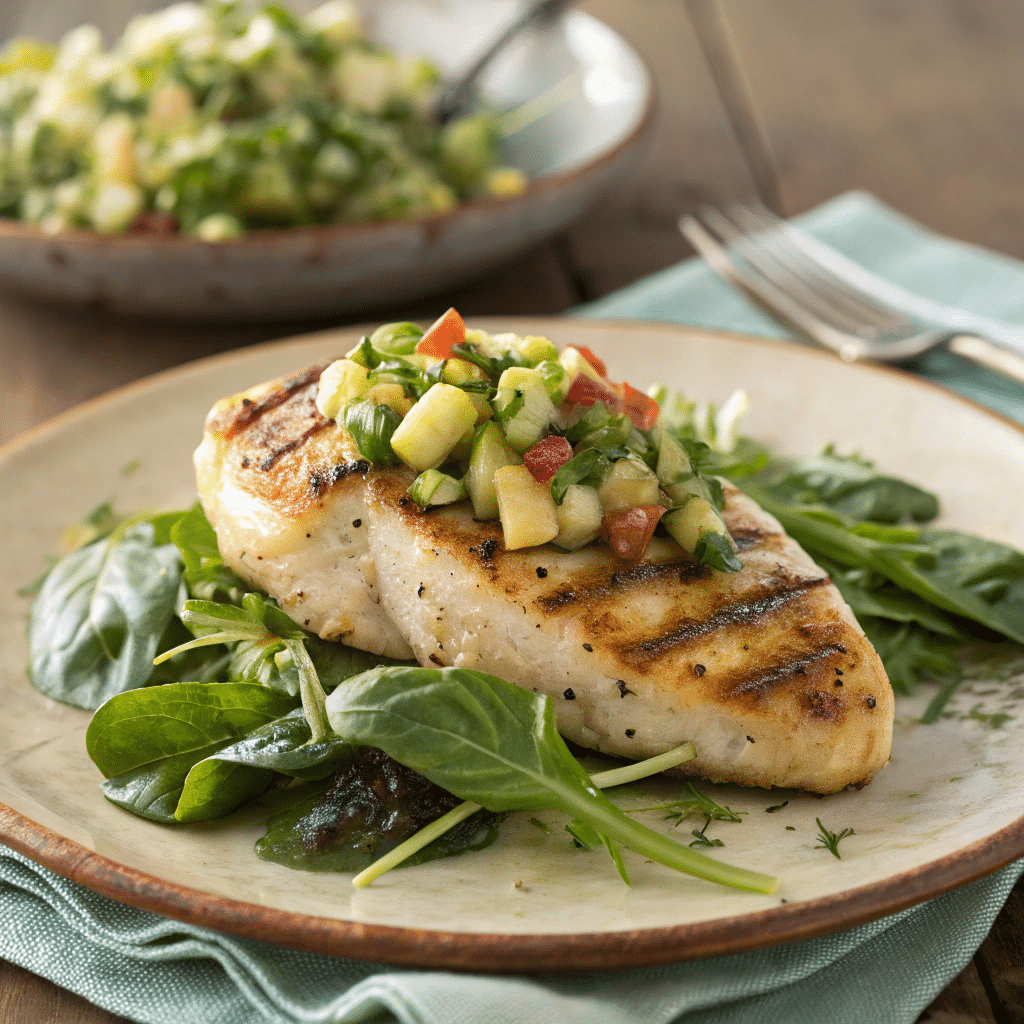 Grilled chicken breast topped with dill pickle salsa	