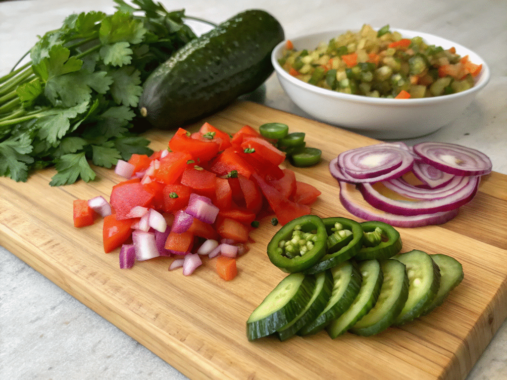 Chopped fresh vegetables and pickles on a cutting board	