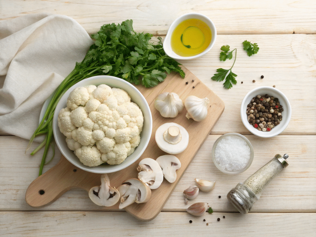 Garlic Cauliflower Mushroom Skillet – A Flavorful One-Pan Weeknight Favorite 7 Flat lay of cauliflower, mushrooms, garlic, olive oil, and parsley on a kitchen counter