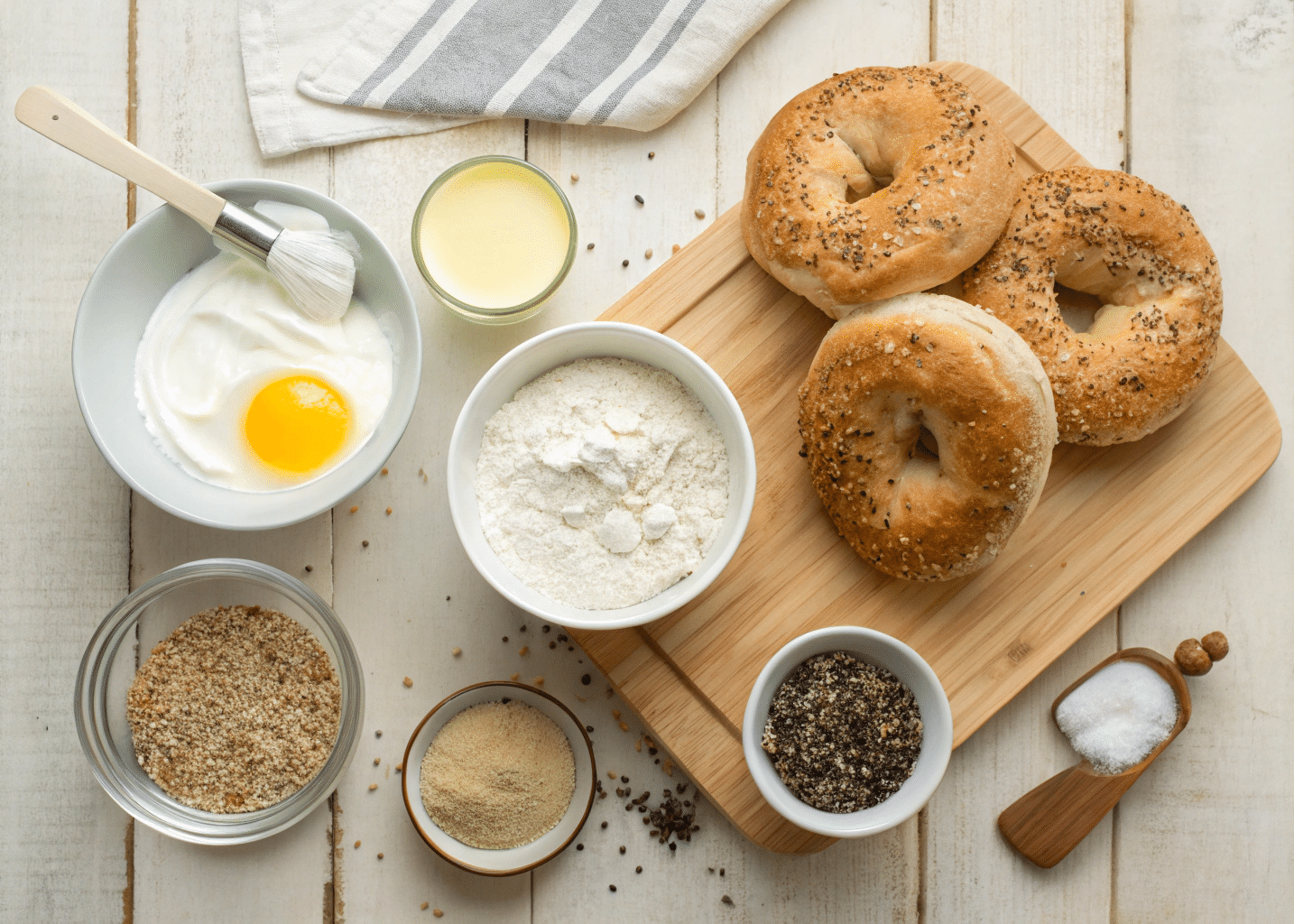 All the fresh and simple ingredients needed to make Healthy Greek Yogurt Bagels, laid out neatly for an easy baking session.

