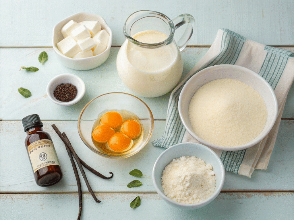 Main ingredients for silky Bavarian cream dessert displayed on a wooden surface

