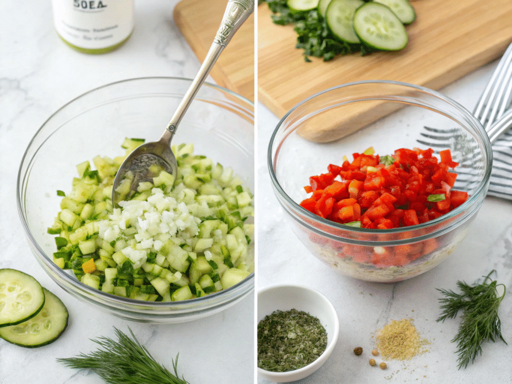 Mixing bowl with chopped ingredients for dill pickle salsa	