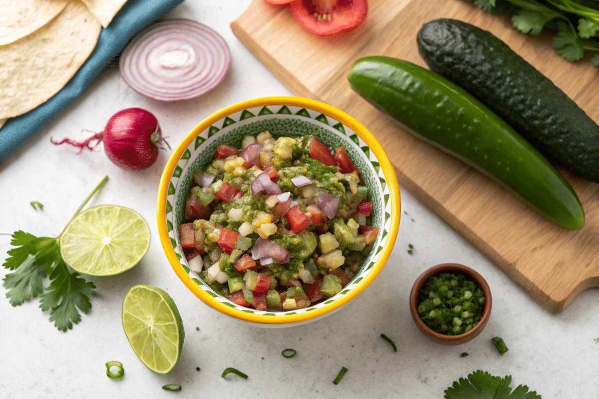 Overhead view of a bowl of dill pickle salsa with fresh ingredients around it