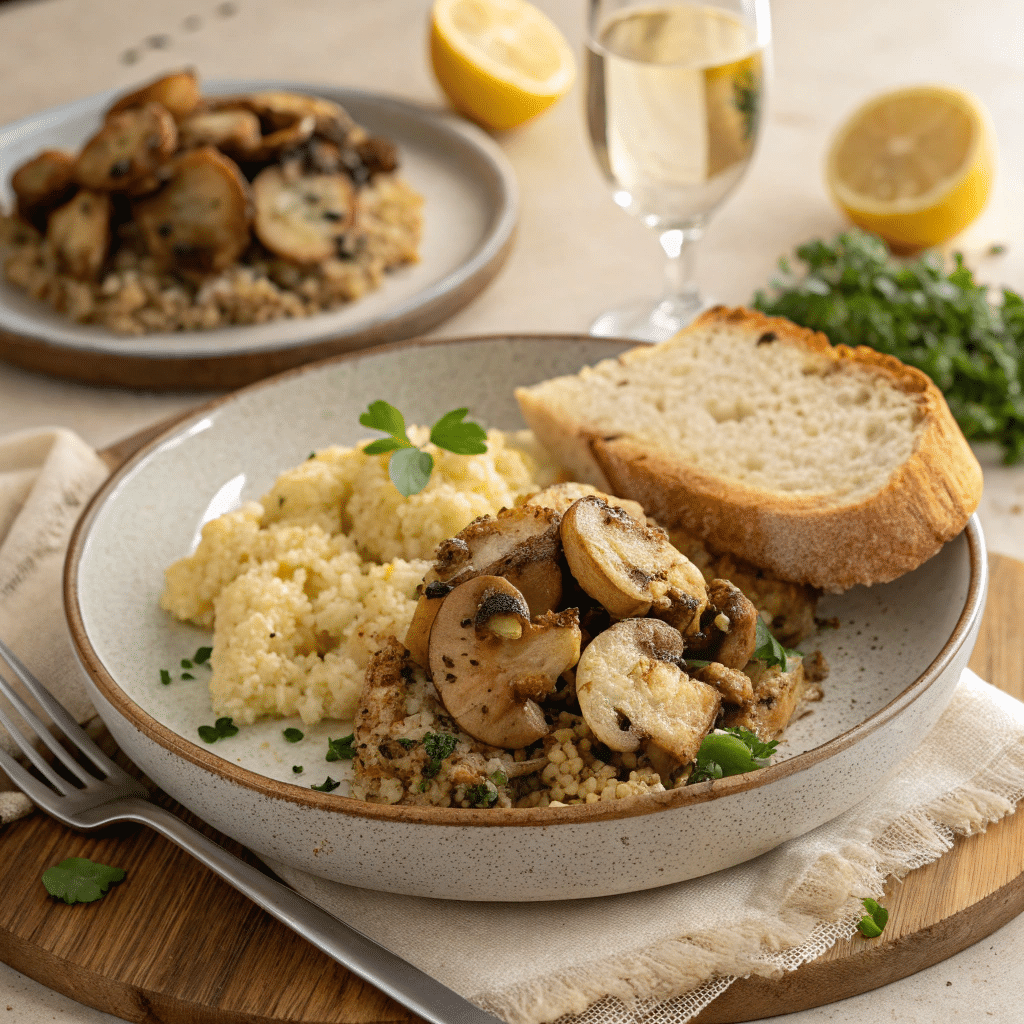 Garlic Cauliflower Mushroom Skillet – A Flavorful One-Pan Weeknight Favorite 9 Garlic cauliflower mushroom skillet served on a plate with bread and a drink
