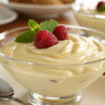 Silky Bavarian cream dessert in glass bowl garnished with raspberry and mint leaf