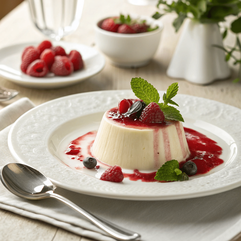 Silky Bavarian cream dessert plated with berry sauce and garnished with mint and raspberry

