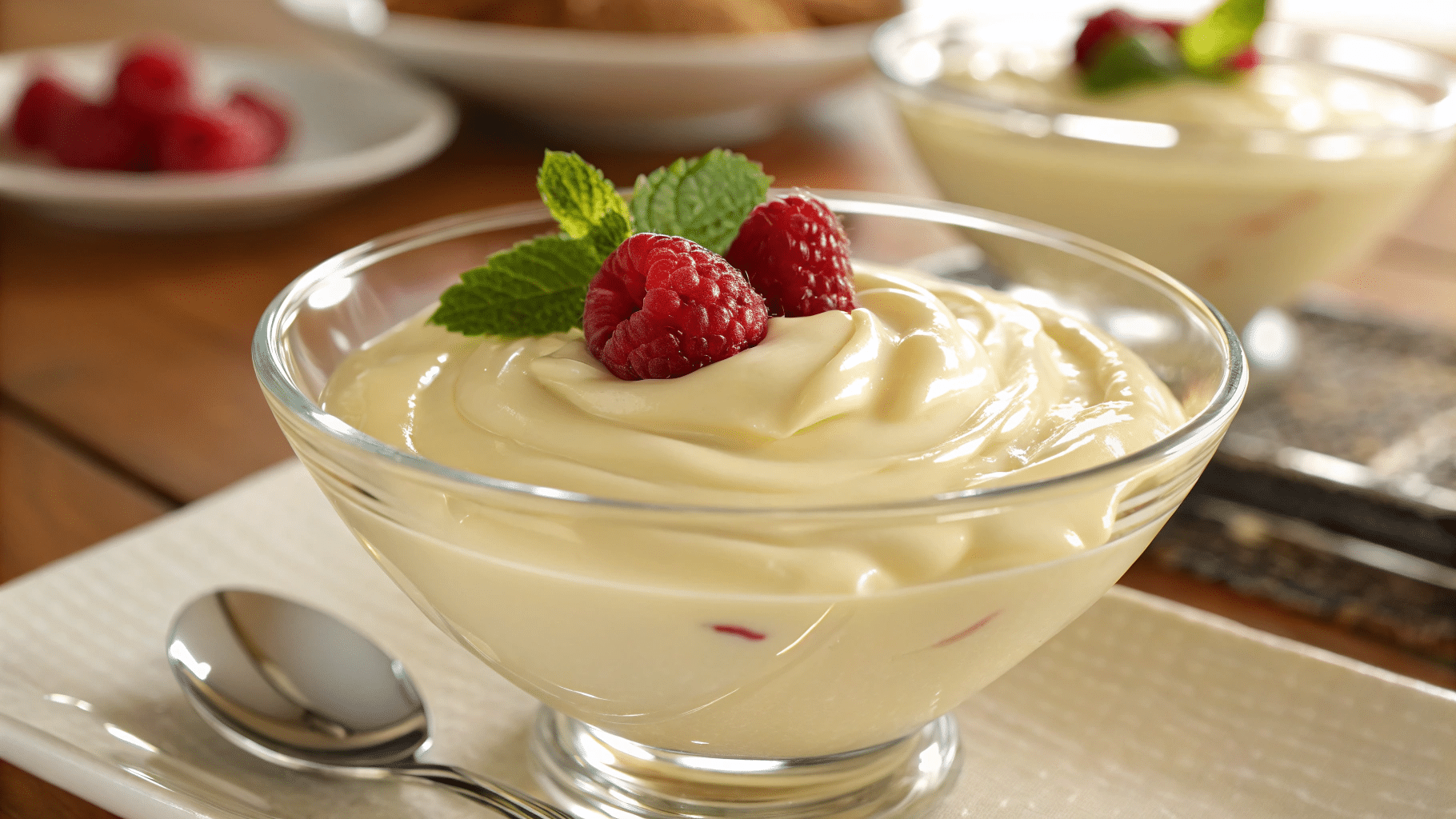 Silky Bavarian cream dessert in glass bowl garnished with raspberry and mint leaf