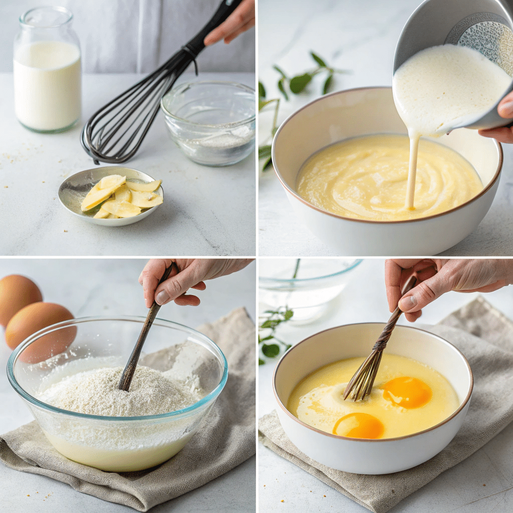 Step-by-step images of preparing silky Bavarian cream dessert from whisking to folding

