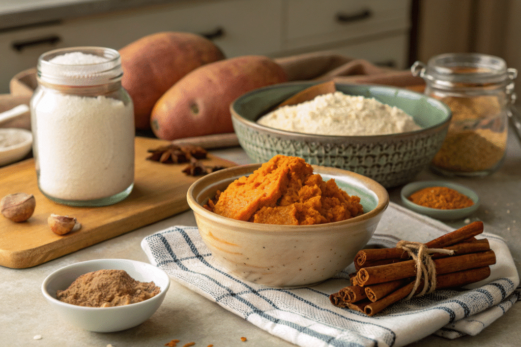 Sweet Potato Cupcakes Recipe 5 Overhead view of ingredients for sweet potato cupcakes on a counter.