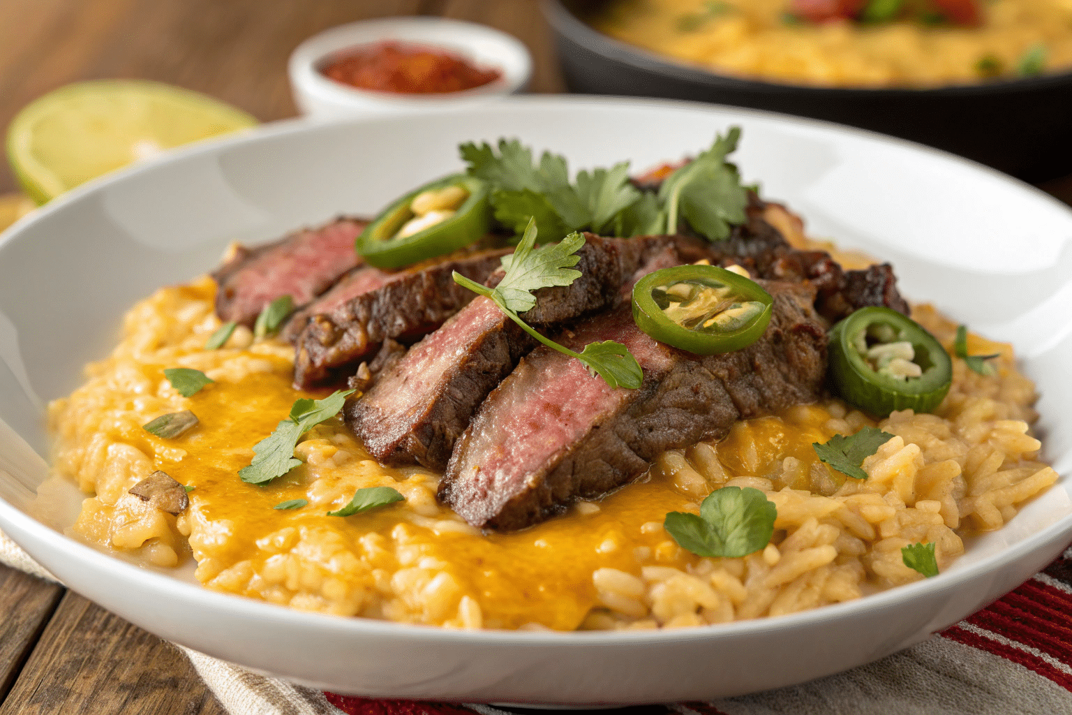 creamy queso rice with juicy steak strips Creamy Queso Rice with Juicy Steak Strips