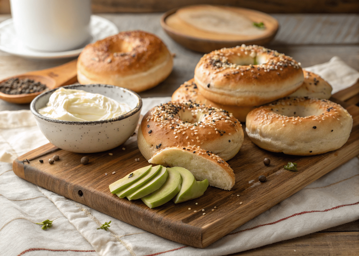 Freshly baked Healthy Greek Yogurt Bagels with everything seasoning on a wooden board, accompanied by cream cheese and avocado slices.