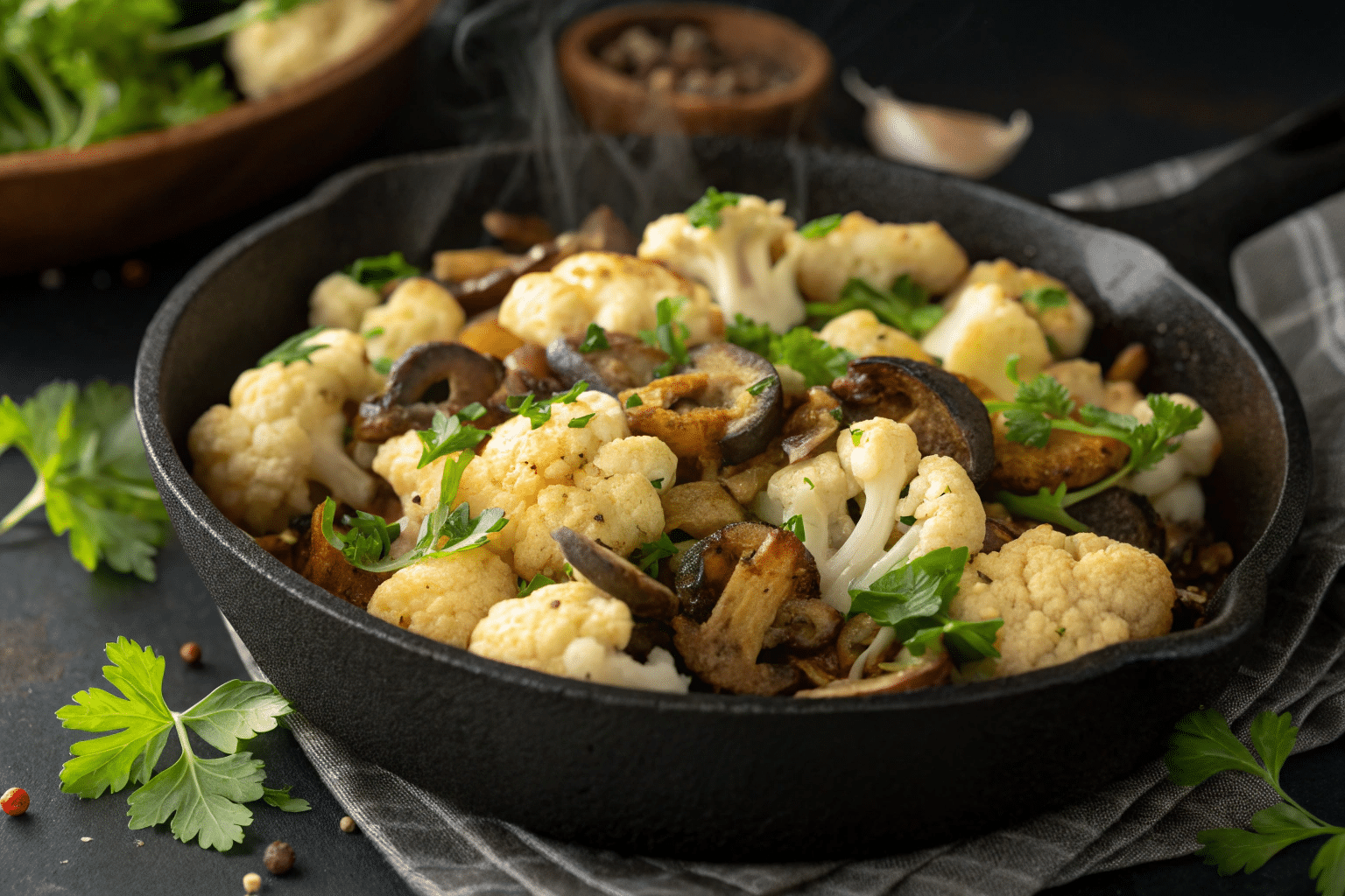 Garlic Cauliflower Mushroom Skillet garnished with parsley