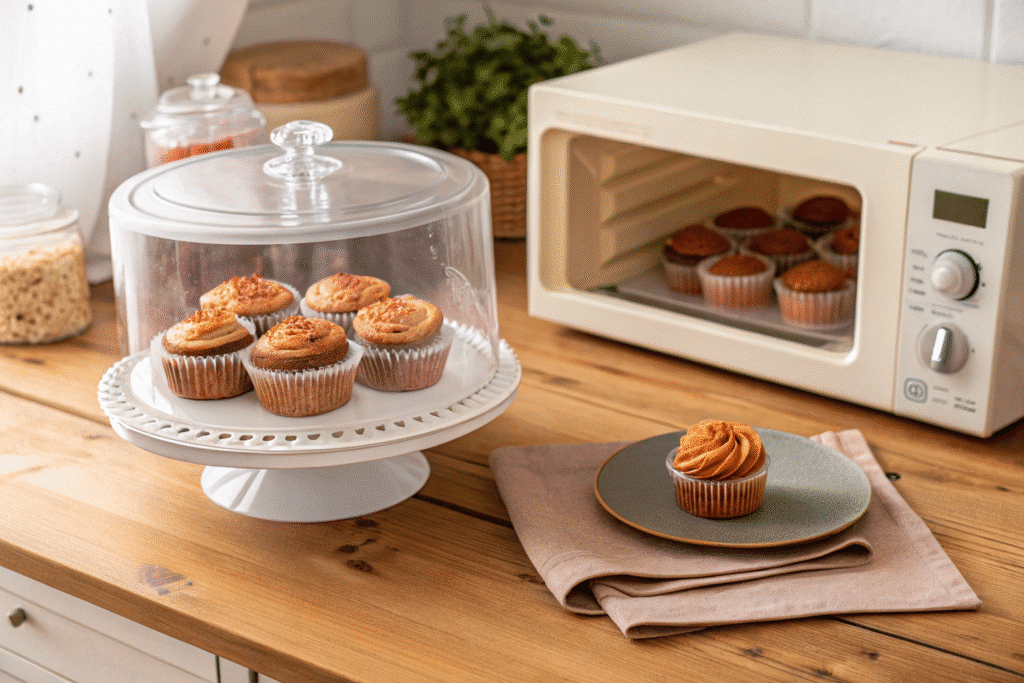 Sweet Potato Cupcakes Recipe 7 Sweet potato cupcakes stored in a container with one cupcake ready to be reheated on a plate.