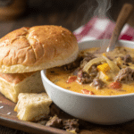 close up of cheeseburger soup Cheeseburger Soup Recipe – Creamy, Cozy, and Packed With Classic Burger Flavor